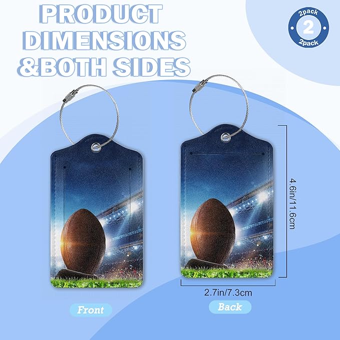 Set of 2 Luggage Tags,American Football Leather Suitcases Tag Identifiers with Privacy Name Address Labels & Durable Steel Loop for Women Men Travel