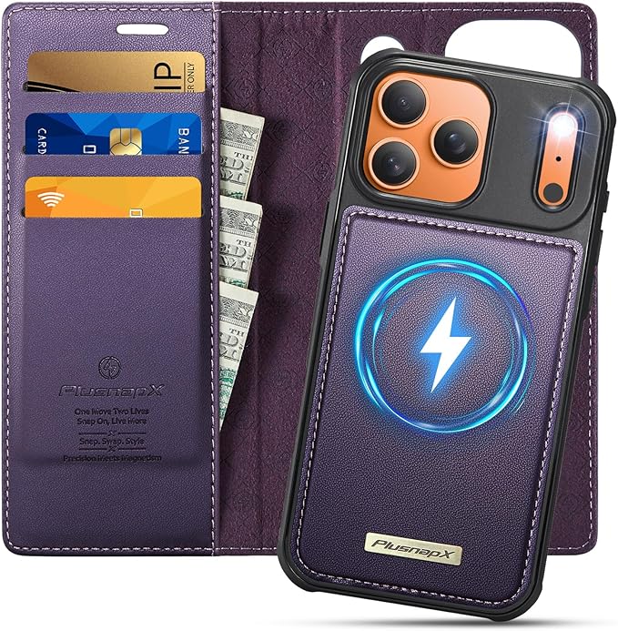 PlusnapX Wallet Case for iPhone 17 Pro Max Compatible with Magsafe, 2-in-1 PU Leather Flip RFID Blocking Card Holder Stand Shockproof Magnetic Detachable Cover for iPhone 17 Pro Max, Fashion Purple