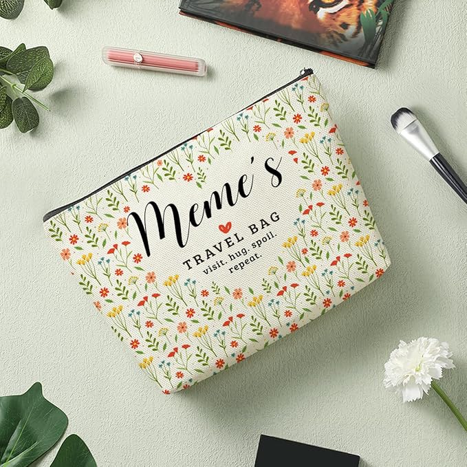 Decohim Meme's Travel Bag Mothers Day Makeup Bag Meme Gifts Grandma Birthday Gifts Funny Coloful Floral Cosmetic Bag for Women Nana Gigi Mimi Nanny Granny Mom Chirstmas Appreciation Retirement Gifts