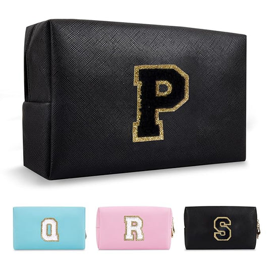 Personalized Initial A-Z Preppy Patch Makeup Bag,Small PU Chenille Letter Cosmetic Bag with Zipper for Teen Girls,Black Cute Toiletry Organizer Bag,Monogram Makeup Case Gift for Women Girls,Letter P