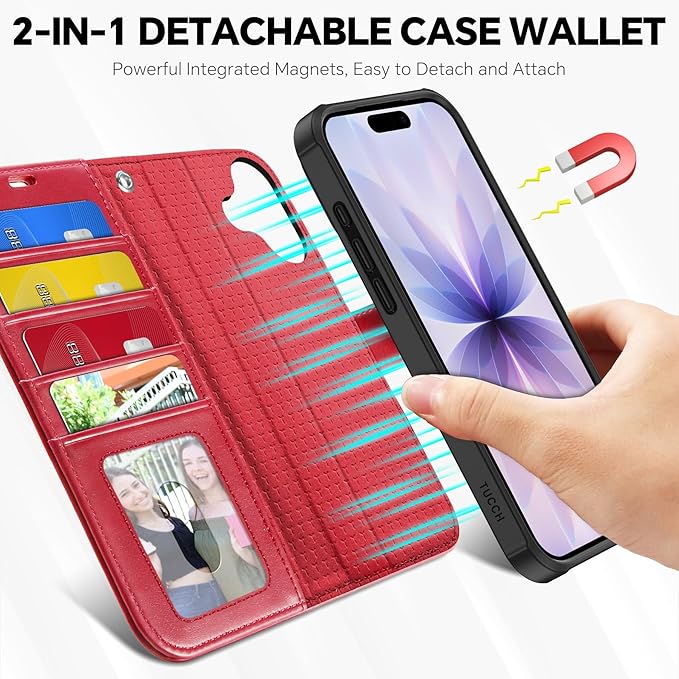 TUCCH 2-in-1 Removable Case Wallet for iPhone 17 (6.3") 2025, Detachable Wrist Strap, 4 Card Holders RFID Blocking, Wireless Charging, Stand, Magnetic, PU Leather, Shockproof Folio Cover, Red