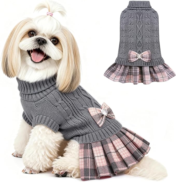 YUDODO Small Dog Sweater Dress with Bowtie Turtleneck - Knitted Pet Girl Dog Winter Clothes - Pet Warm Sweater for Puppy Yorkies, Chihuahua (S Grey)