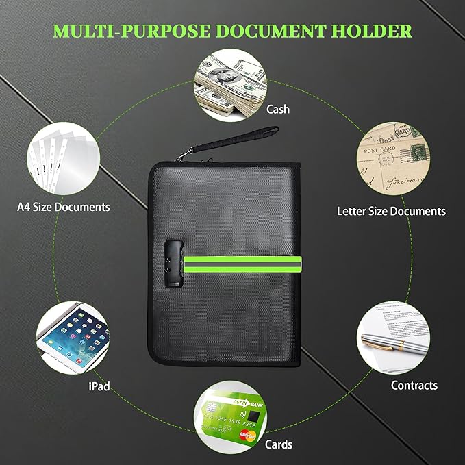 5200℉ Fireproof Document Bag, Fireproof Bag with Lock, Fireproof Document Organizer, Safes for Home Use Fire and Water Proof with Heat Insulated for Cash, Valuables, Documents-Black