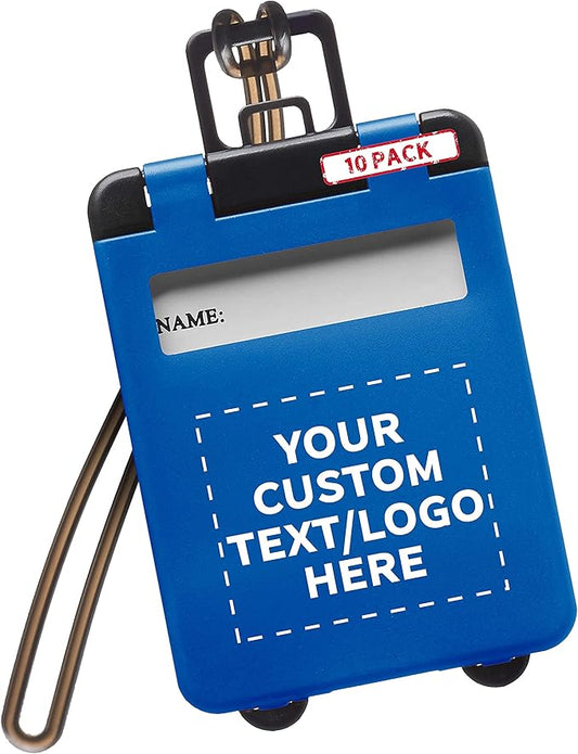 10 Mini Carry-on Luggage Tags Pack - Customizable Text, Logo - Flip Open Cover, ID Sticker - Blue