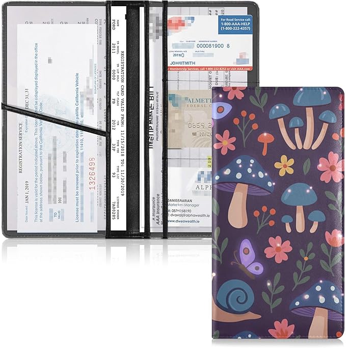 linqin Car Registration and Insurance Card Holder, Mushroom Snails Flowers Glove Box Organizer Card Document Wallet