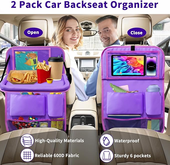 Etre Jeune Car Seat Back Organizer Table Tray, Car Seat Storage Organizer for Kids with Foldable Tablet Holder, 6 Storage Pockets Kick Mats 600D Oxford, 2 Pack Purple