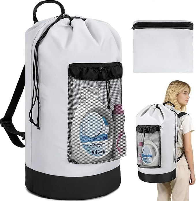 Laundry Bag Backpack with Shoulder Straps and Mesh Pocket Foldable Clothes Hamper Bag with Drawstring Closure for College, Apartment, Laundromat (White)