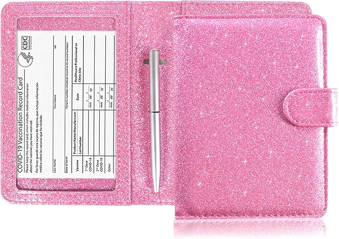Caweet Passport and Vaccine Card Holder Leather Vaccination Card Wallet with Magnetic Closure, Glitter Pink