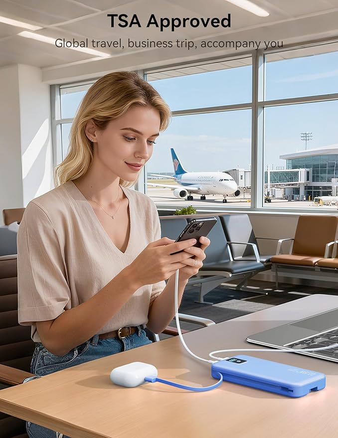 Portable Charger, 12000mAh 22.5W Fast Charging Power Bank with Built-in Cables & Wall Plug, Travel Essential Battery Pack with LED Display, USB C Battery Phone Charger for iPhone, iPad, Samsung Navy