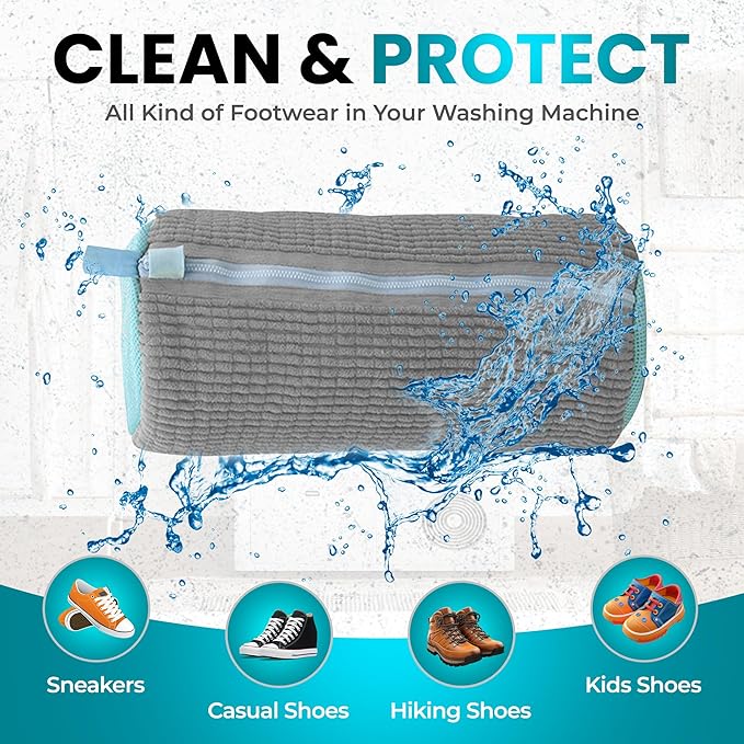 XXL Shoe Washing Machine Bag - 2 Pcs Set - 360° Resuable Shoe Bag for Washing Machine and Dryer - Wrap Shoe Washing Bag for Sneakers, Boots & Delicate Footwear (Grey)