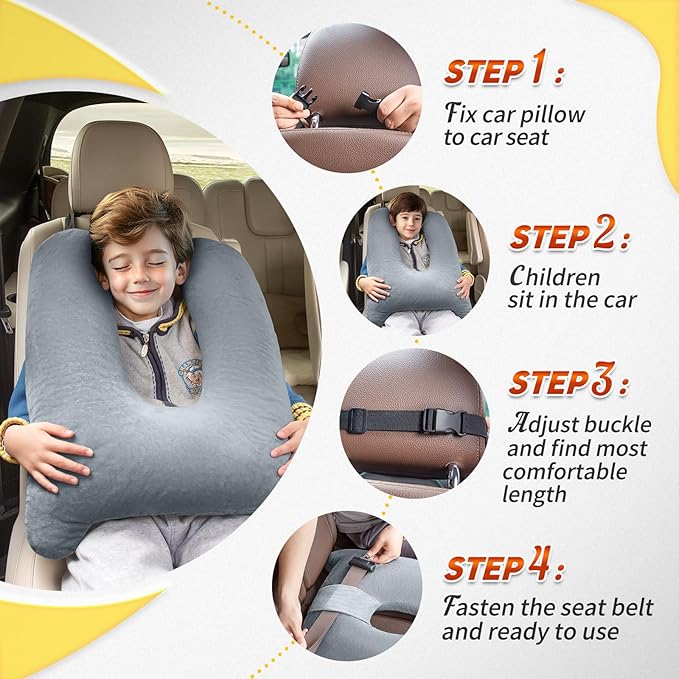 MAGIC ELEPHANT Travel Pillow for Car Sleeping, Car Pillow for Kids Travel and Adults, Neck Pillow and Road Trip Essentials for Kids, Light Grey