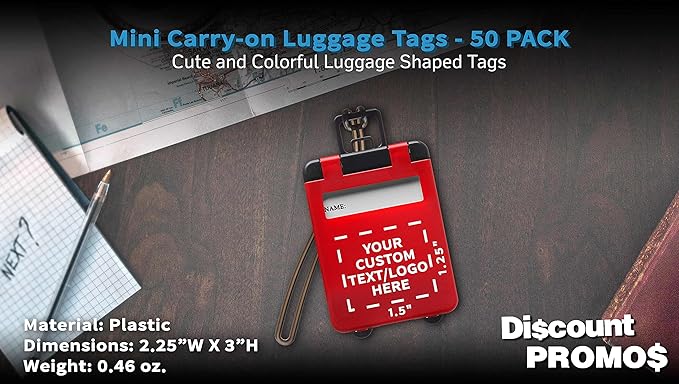50 Mini Carry-on Luggage Tags Pack - Customizable Text, Logo - Flip Open Cover, ID Sticker - Red