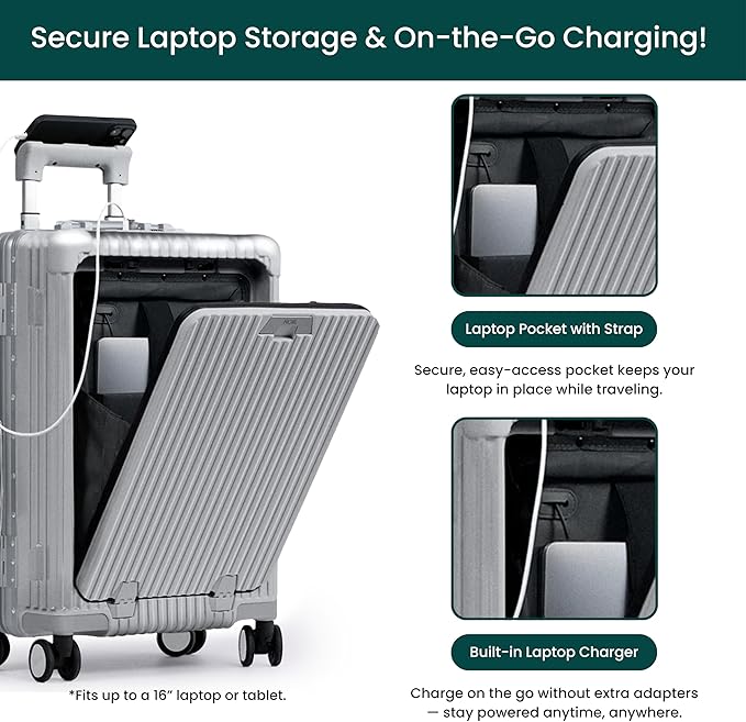 Nobl Travel Carry On Luggage, Noble Zipperless Aluminum Frame PC Hard Shell Suitcase, 20.8"x15"x8.7" Airline Approved, 360° Spinner Wheels, TSA Locks, USB Charging Port, Cup & Phone Holder - Silver