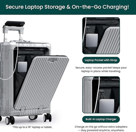 Nobl Travel Carry On Luggage, Noble Zipperless Aluminum Frame PC Hard Shell Suitcase, 20.8"x15"x8.7" Airline Approved, 360° Spinner Wheels, TSA Locks, USB Charging Port, Cup & Phone Holder - Silver