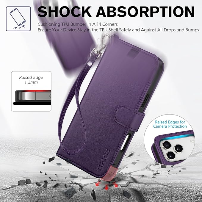 TUCCH Case Wallet for iPhone 17 Pro Max (6.9") 2025, Wrist Strap, Stand, RFID Blocking, 4 Card Holder, TPU Shockproof Inner Shell, PU Leather, Magnetic Folio Protective Cover, Deep Purple
