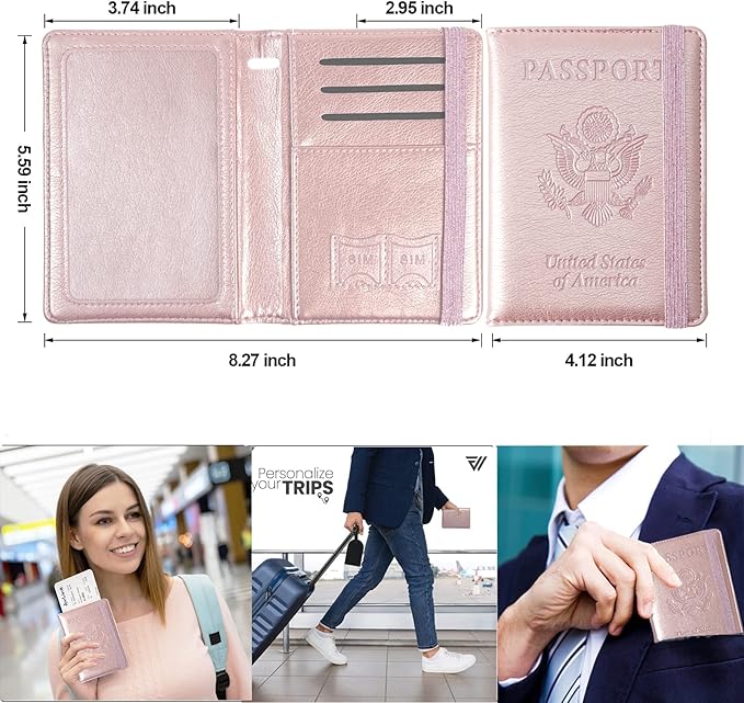 Eoehro Passport and Vaccine Card Holder, Passport Holder Vaccine Card Slot, Passport Wallet, Passport Cover, Passport Case, Passport Holder for Airplane Travel Essentials (E-Elastic band Rose gold)