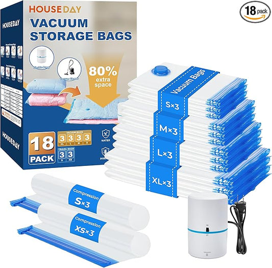 HOUSE DAY 18 Pack Vacuum Storage Bags with Electric Pump, Valve, Space Saver Vacuum Seal Bags for Clothing, Comforters, and Travel Essentials 3 Jumbo,3 Large,3 Medium,3 Small/3 Small,3 XS Roll Up Bag