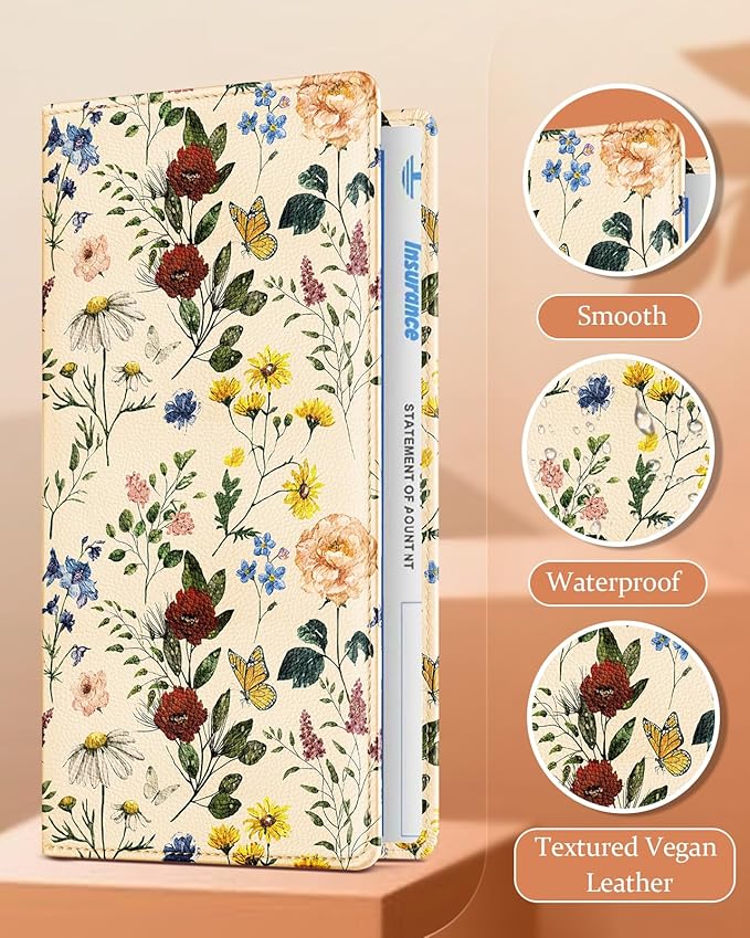 Slohif Car Registration and Insurance Card Holder with Magnetic Shut - Vehicle Glove Box Organizer Women Leather Automobile License Holders Coasters Auto Accessories Case for Document,Retro Flower