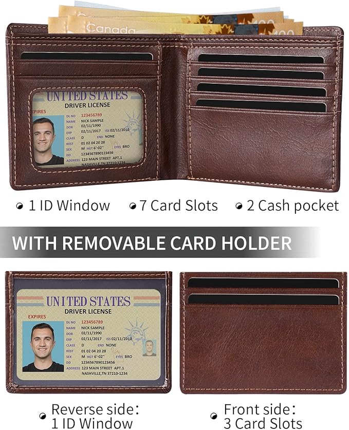 Swallowmall AirTag Wallet Mens RFID Blocking Genuine Leather Bifold Men's Wallet For air tag with 2 ID Window 10 Card Holders Removable Card Slot Taxes Brown(Airtag Not included)