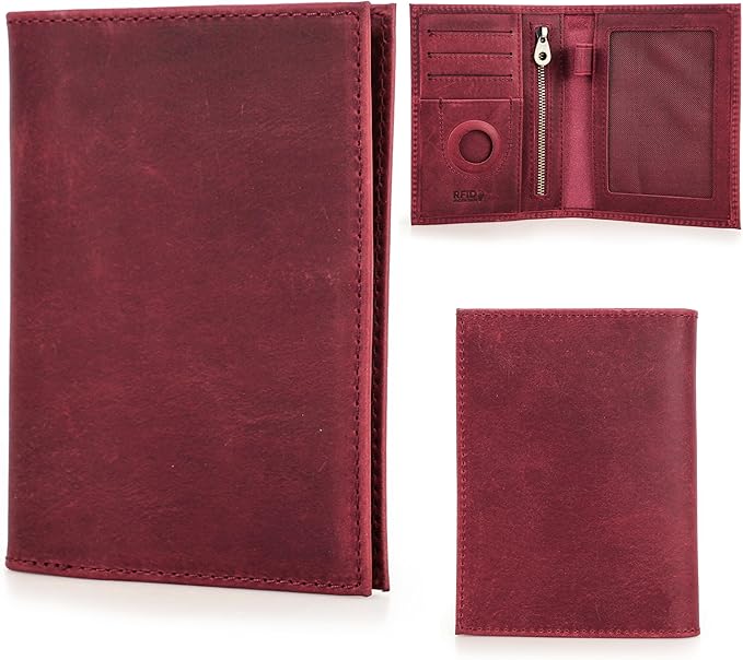 Top Grain Leather Single Travel Passport Wallet Holder for Man & Woman, Folio Design for Passport & Multi Cards, RFID Blocking Large Capacity for Passport/Cards/Checks/Bills/AirTag, Burgundy