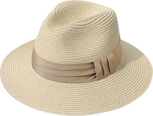 Lanzom Women Wide Brim Straw Panama Roll up Hat Fedora Beach Sun Hat UPF50+