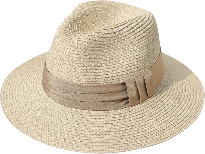 Lanzom Women Wide Brim Straw Panama Roll up Hat Fedora Beach Sun Hat UPF50+