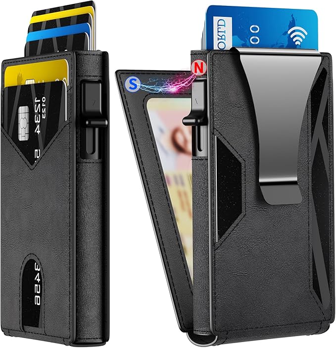 KISUEDZP Wallet for Men Slim RFID Blocking-Metal Smart Pop-Up Credit Card Holder with 2 ID Windows, Holds 8-10 Cards,Bifold Minimalist Front Pocket Wallet & Money Clip,Men's accessories (Black)