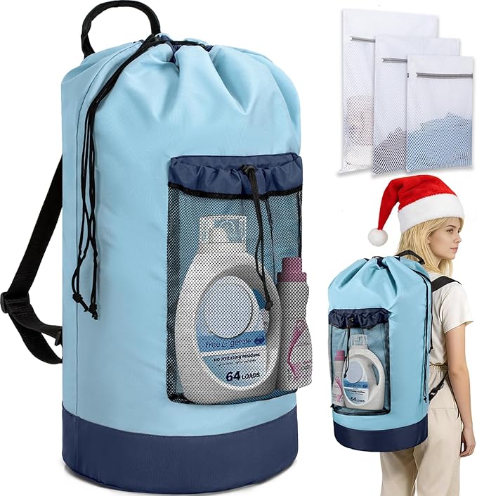 Laundry Bag Backpack with 3 Sizes Mesh Wash Bags and Shoulder Straps Foldable Clothes Hamper Bag with Drawstring Closure for College, Apartment, Laundromat (Light Blue)