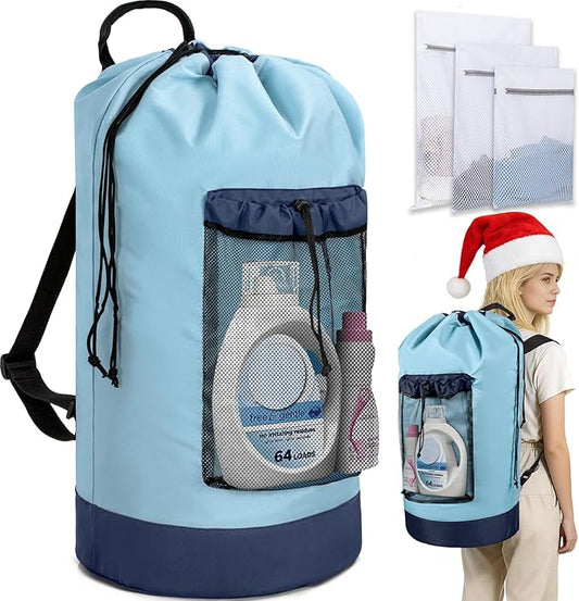 Laundry Bag Backpack with 3 Sizes Mesh Wash Bags and Shoulder Straps Foldable Clothes Hamper Bag with Drawstring Closure for College, Apartment, Laundromat (Light Blue)