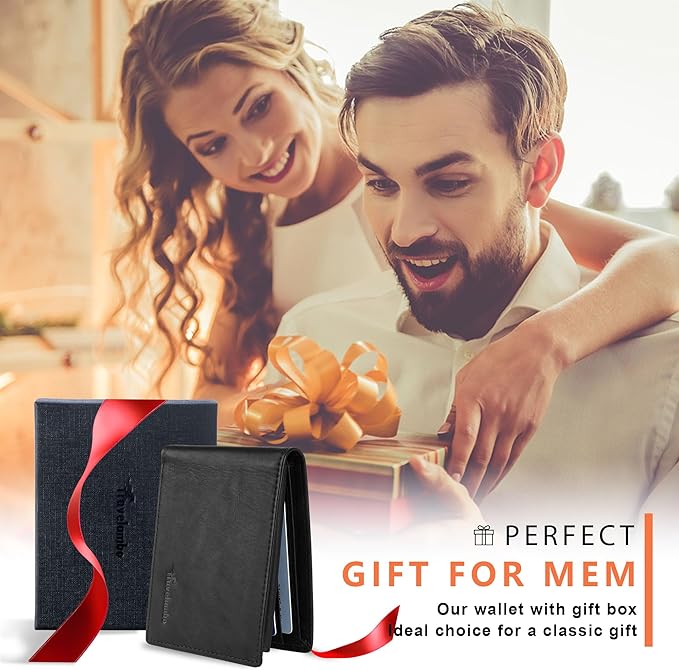 Travelambo Genuine Leather Wallet for Men with Gift Box - Handmade Bifold Stylish - Mens Wallets Rfid Blocking with 2 ID Windows