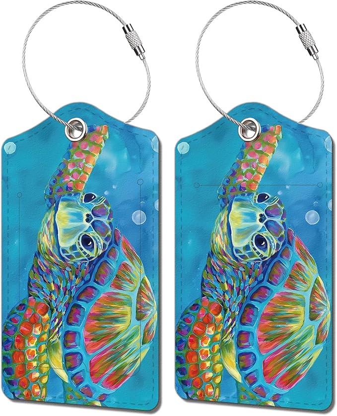 2 Pack Luggage Tag for Suitcase, Cute Unique Leather Bag Tags Identifiers Privacy Cover ID Label with Durable Steel Loop for Women Men Kids Girls Travel，TurtleA