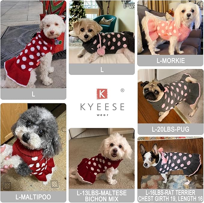 KYEESE Dog Sweater Dress with Leash Hole Polka Dot Turtleneck for Girl Dogs Sweaters Red Knit Pullover with Pom Pom Ball