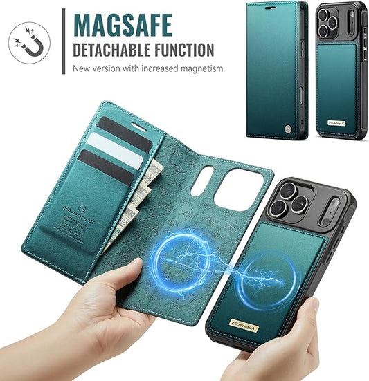 PlusnapX Wallet Case for iPhone 17 Pro Max Compatible with Magsafe, 2-in-1 PU Leather Flip RFID Blocking Card Holder Stand Shockproof Magnetic Detachable Cover for iPhone 17 Pro Max 6.9", Bluegreen