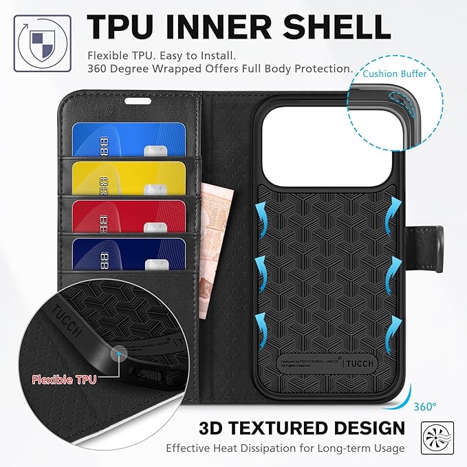 TUCCH Wallet Case for iPhone 17 Pro (6.3") 2025, 4 Card Holders, RFID Blocking, Stand, Shockproof TPU Shell, PU Leather, Magnetic Closure, Protective Flip Folio Cover, Black & White
