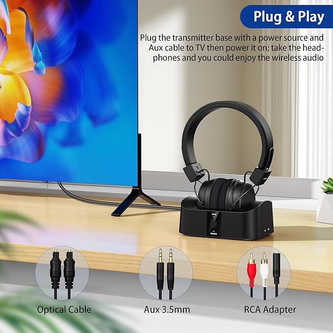 BESIGN BTH02 Wireless Headphones for TV Watching with Bluetooth Transmitter Charging Dock, Bluetooth TV Headphones Wireless for Seniors, Bluetooth Headsets, 100ft Range No Audio Delay