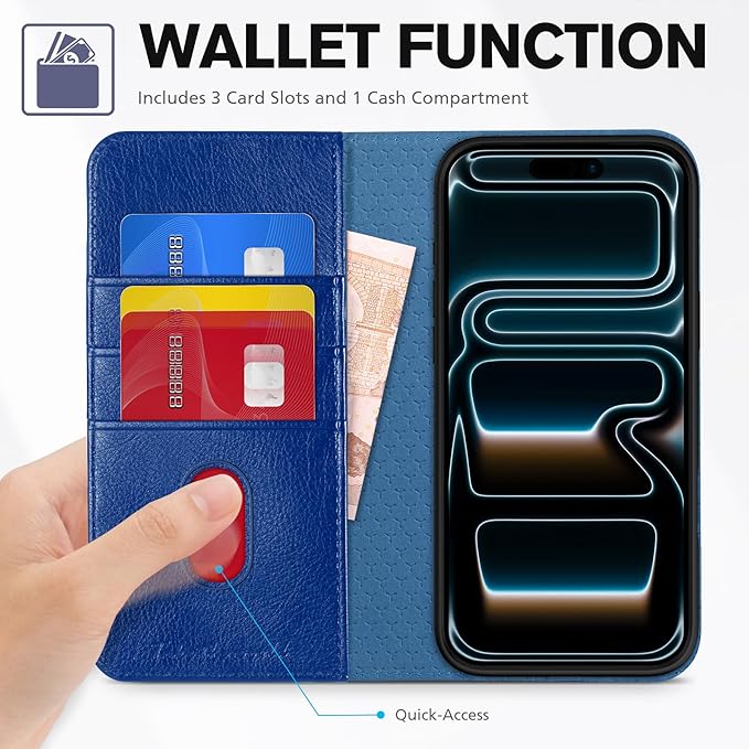 TUCCH Wallet Case for iPhone 17 Pro (6.3") 2025, 3 Credit Card Holders, RFID Blocking, Stand, PU Leather, Shockproof TPU Interior Shell, Protective Flip Folio Cover, Klein Blue