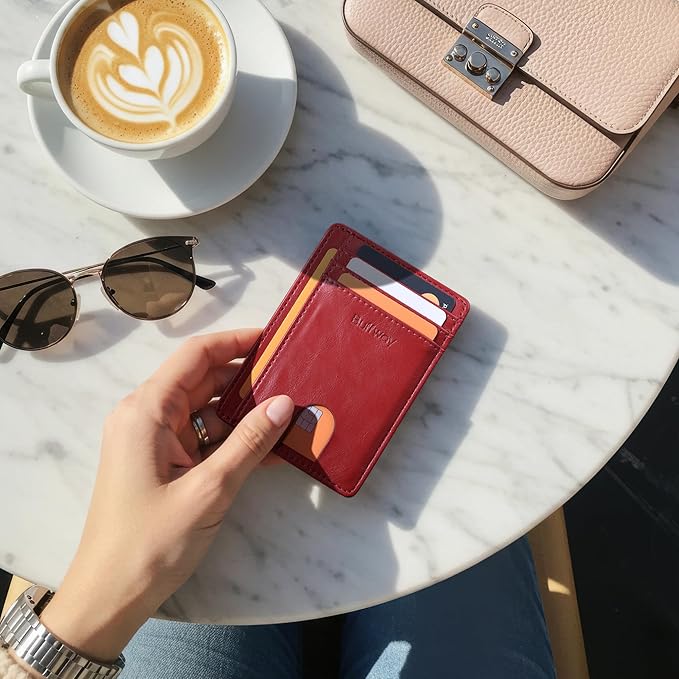Buffway Slim Minimalist Front Pocket RFID Blocking Leather Wallets for Men and Women - Alaska Cherry