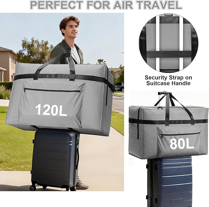 SUNUP Large Duffle Bag for Travel, 120L Foldable Travel Duffel Bag for Men Women, Waterproof Carry On Overnight Weekender Moving Storage Bags, Grey