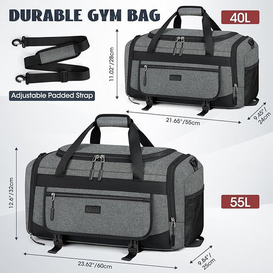 IGOLUMON Gym Bag for Men 40L Sports Duffel Bags Gym Duffle Bag Women with Shoe Compartment & Wet Pocket Water Resistant Travel Duffel Bag Lightweight Weekender Overnight Bag Gray