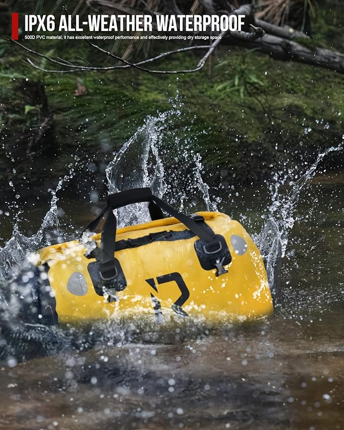 BORLENI Waterproof Motorcycle Dry Duffel Bag Luggage Tail Bag with Large Storage Space,Roll Top Closure, Shoulder Straps, Inner Pocket and Mesh Pocket for Motorcycling Travel Camping(Yellow,30L)
