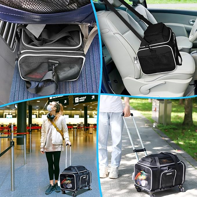 Petskd Top-Expandable Pet Carrier with Wheels 17x11x9.5 Inches Alaska Airline Approved, Soft-Sided Carrier for Small Cats Dogs with Locking Safety Zippers and Anti-Scratch Mesh(Black)