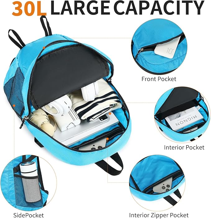 Small Hiking Backpack 35L Travel Lightweight Hiking Packable Daypack Water-Resistant Foldable Backpacks for Women Men Camping (Blue)
