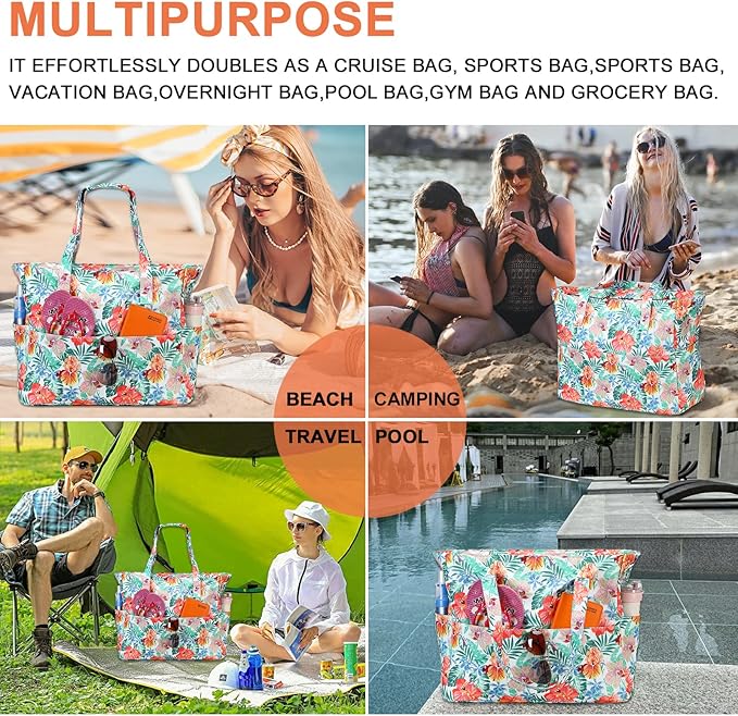 Bluboon Waterproof Beach Tote Pool Bags for Women Ladies Extra Large Carry On Bag With Wet Compartment for Weekender Travel