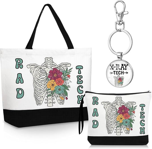 Kacctyen 3 Pcs Radiologic Technology Gifts Fine Canvas Tote Bag Cute Makeup Cosmetic Bag Radiologic Technologist Appreciation Keychains Rad Tech Gifts for Women Female Birthday