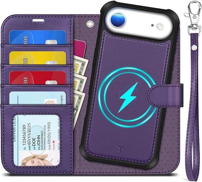 TUCCH 2-in-1 Removable Wallet Case for iPhone Air (6.5-inch) 2025, Wireless Charging | RFID Blocking 4 Card Holders | Wrist Strap | Kickstand | Magnetic | PU Leather Protective Cover | Deep Purple
