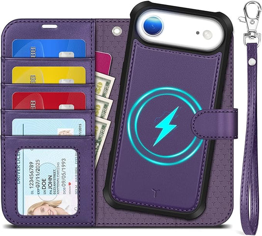 TUCCH 2-in-1 Removable Wallet Case for iPhone Air (6.5-inch) 2025, Wireless Charging | RFID Blocking 4 Card Holders | Wrist Strap | Kickstand | Magnetic | PU Leather Protective Cover | Deep Purple