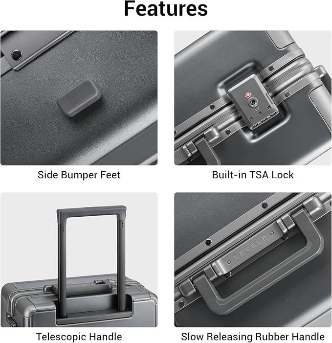 LEVEL8 Zipperless Carry On Luggage Airline Approved with Aluminum Frame, Hard Shell Suitcase with Spinner Wheels, Metal Checked Luggage with Packing Organizers, 20 Inch, Grey