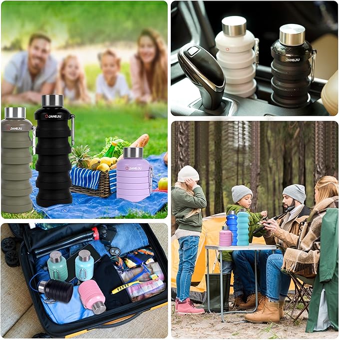 JaneJu Collapsible Water Bottle, 17oz BPA Free Silicone Reusable Portable Lightweight Foldable Water Bottles with Carabiner, Portable Leak Proof Sports Water Bottle (Army Green)
