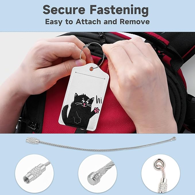 2 Pack Luggage Tag for Suitcase, Funny Black Cat Leather Bag Tags Identifiers Privacy Cover ID Label with Durable Steel Loop for Women Men Kids Girls Travel