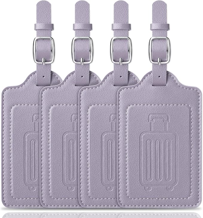 Teskyer Luggage Tags for Suitcases, TSA Approved with Privacy Protection Cover, Premium Faux Leather Bag Tags for Travel - 4 Pack, Purple